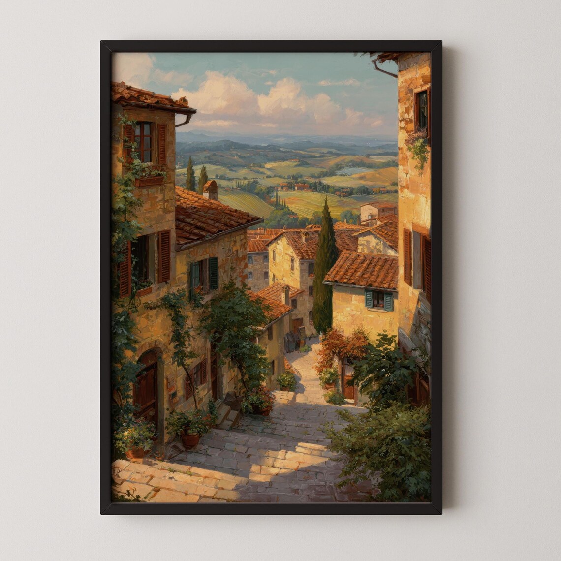 Tuscan Village Street At Golden Hour Stone Houses Italy Wall Art