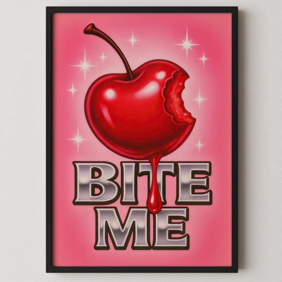 Cherry Wall Art Glossy Red Bite Me Fruit With Bold Metallic Text Sassy Y2k Poster
