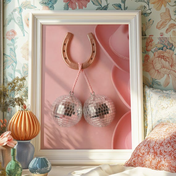 Pink Cowgirl Disco Print Funny Y2k Western Art