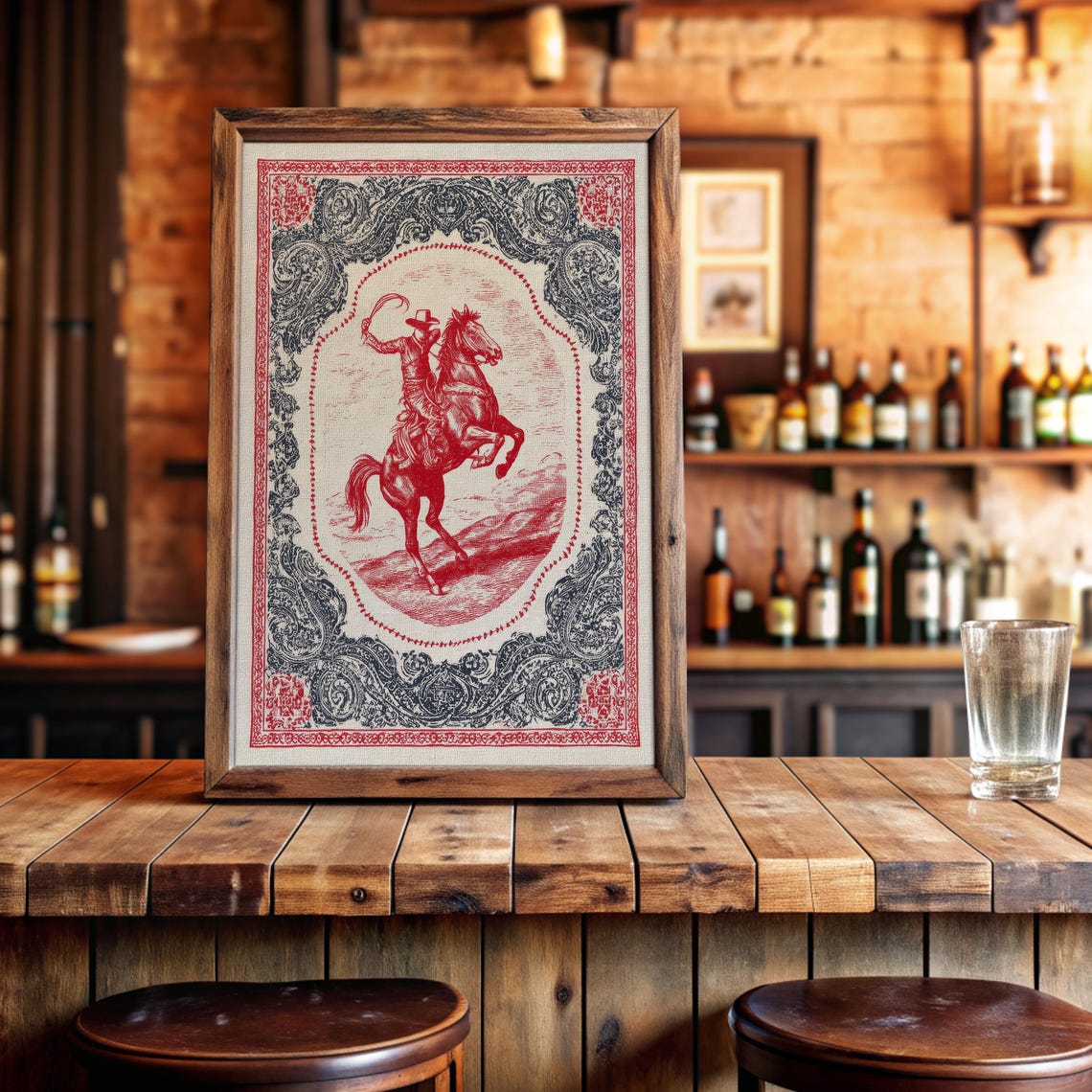 Vintage Cowboy On Rearing Horse Red Bandana Style Western Poster