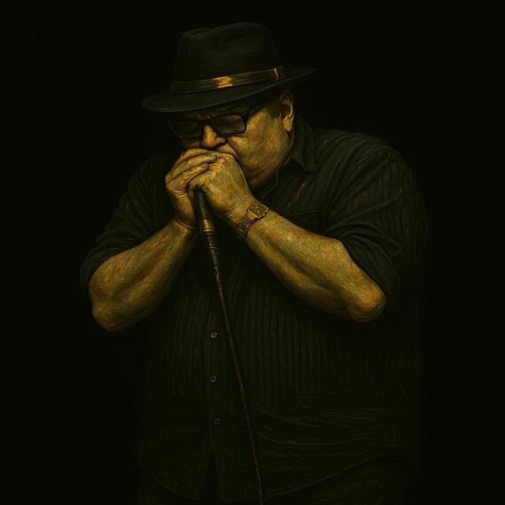Blues Harmonica Player With Hat And Glasses Dark Portrait Music Wall Decor Poster
