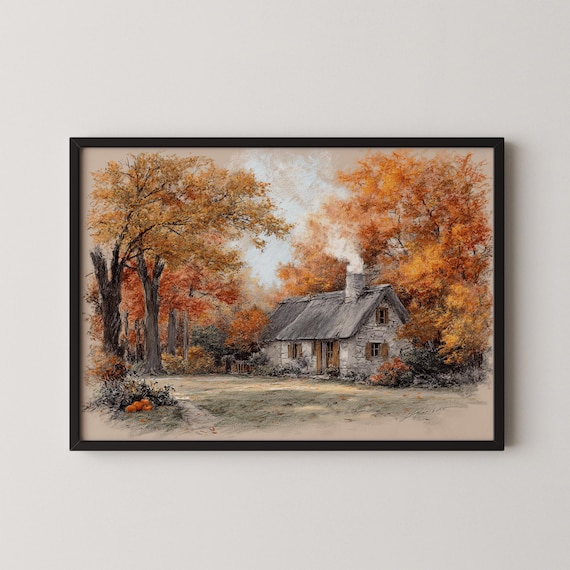 Autumn Cottage with Stone Chimney and Pumpkins Fall Landscape Poster