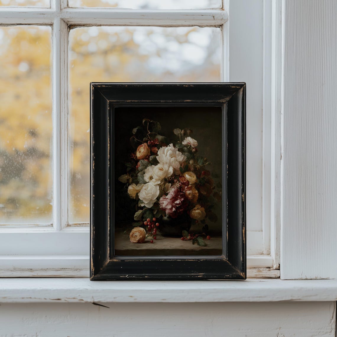 Dark Autumn Floral Vintage Peony Still Life Oil Painting Poster