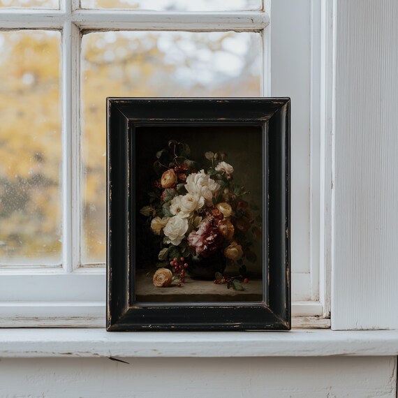 Dark Autumn Floral Vintage Peony Still Life Oil Painting Poster