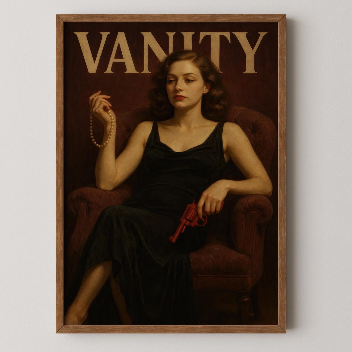 Vanity Femme Fatale Red Gun Pearls Chair Retro Glamour Poster