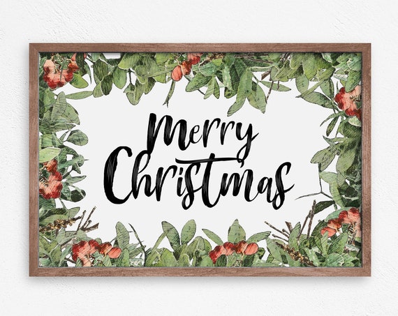 Merry Christmas Holly Art Print, Modern Cabin Decor