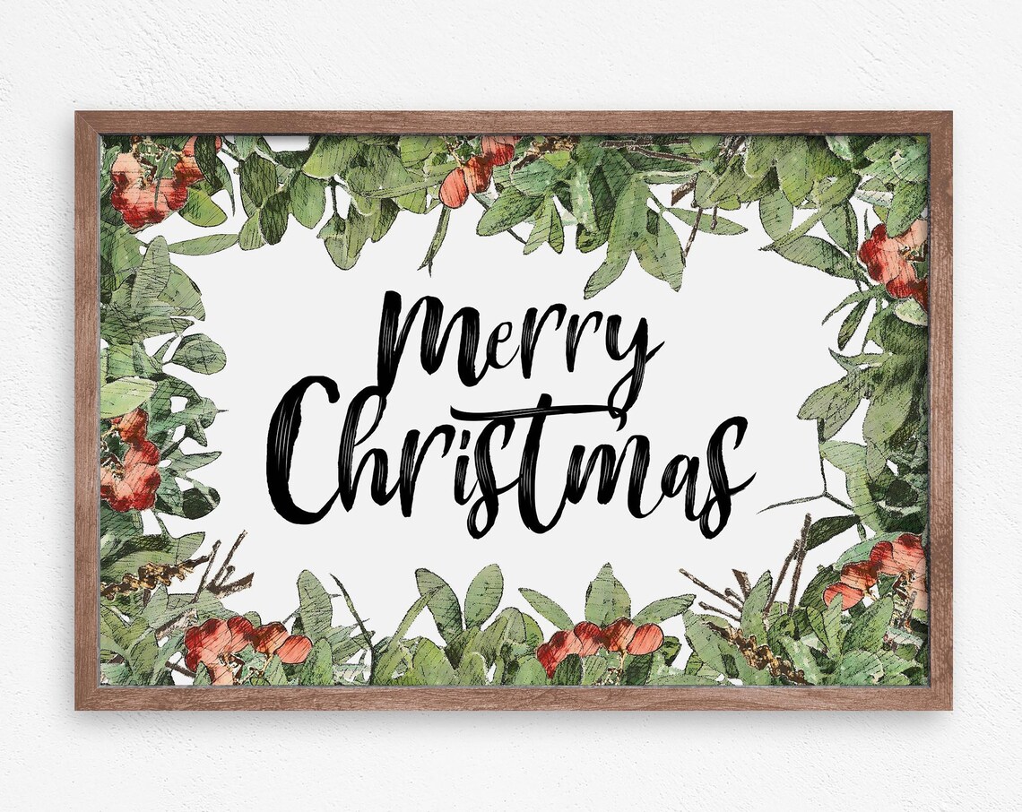 Merry Christmas Holly Art Print, Modern Cabin Decor