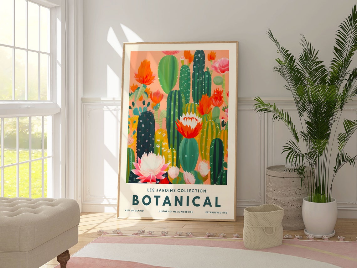 Green Cactus Orange Flowers Mexican Botanical Les Jardins Poster - Image 2