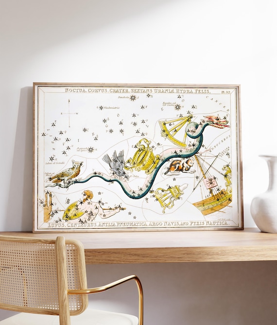 Noctua Corvus Crater Constellation Celestial Vintage Star Chart Poster