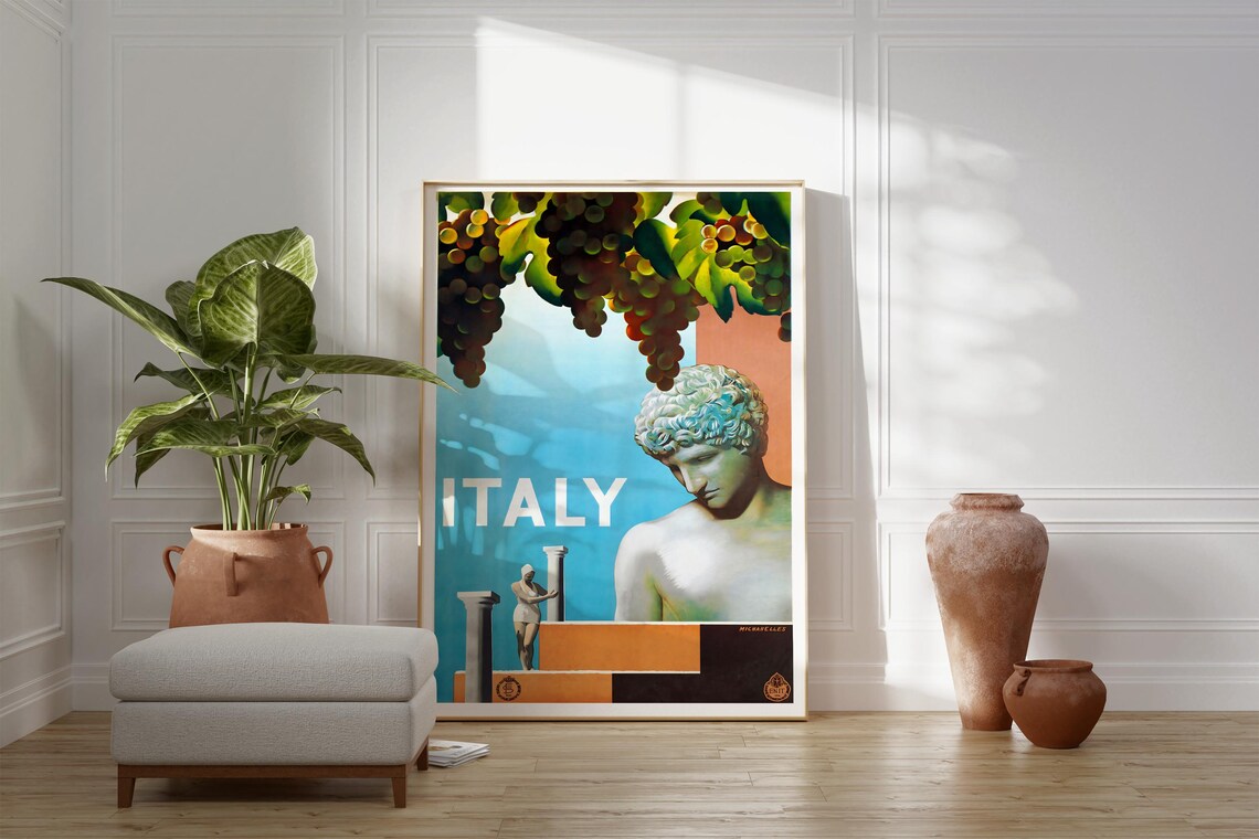 Italy Vintage Travel Poster Classical Marble Statue Vineyard Coastal View - Image 2