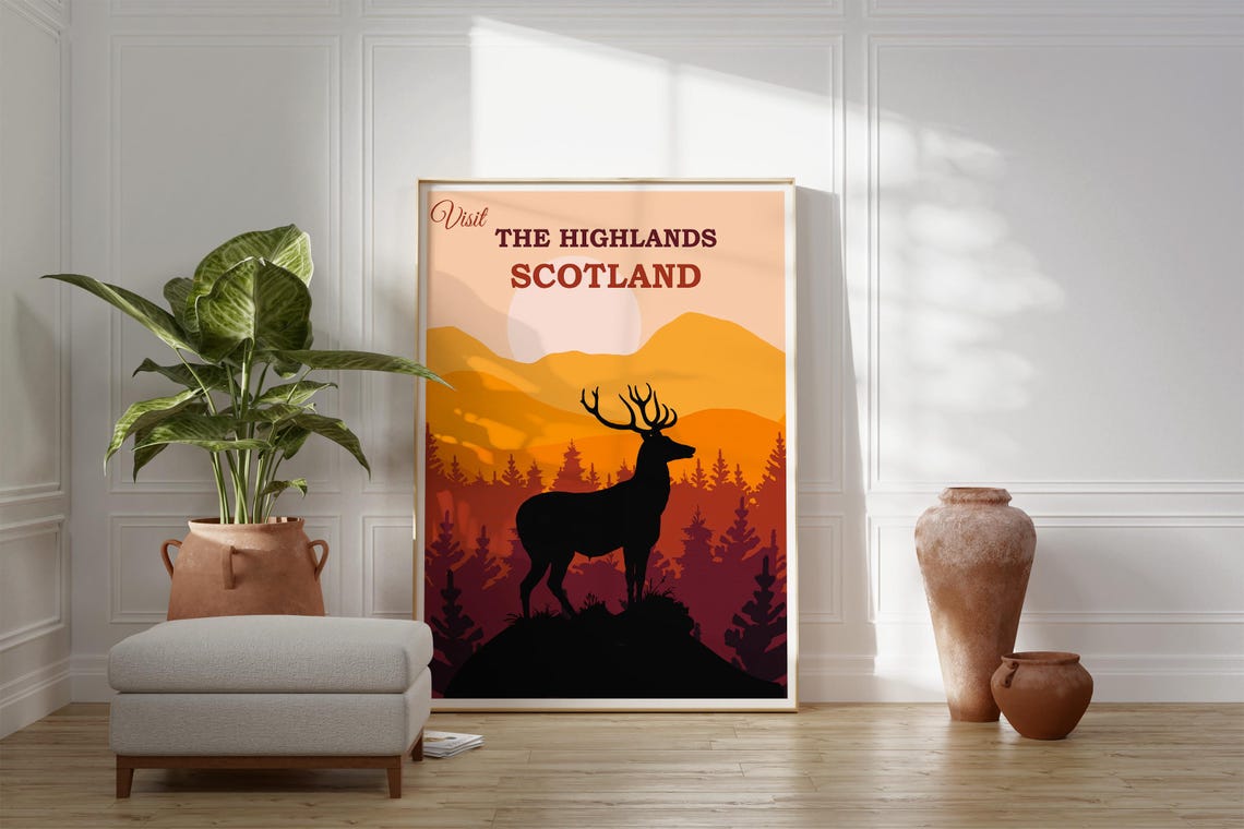 Visit The Highlands Scotland Stag Sunset Mountain Landscape Poster - Image 3