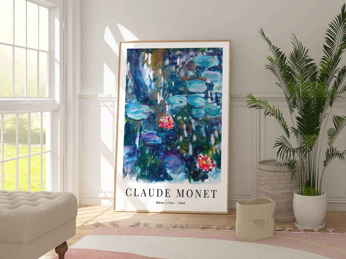 Claude Monet Water Lilies 1904 Deep Blue Pond Red Lily Blooms Poster - Image 3