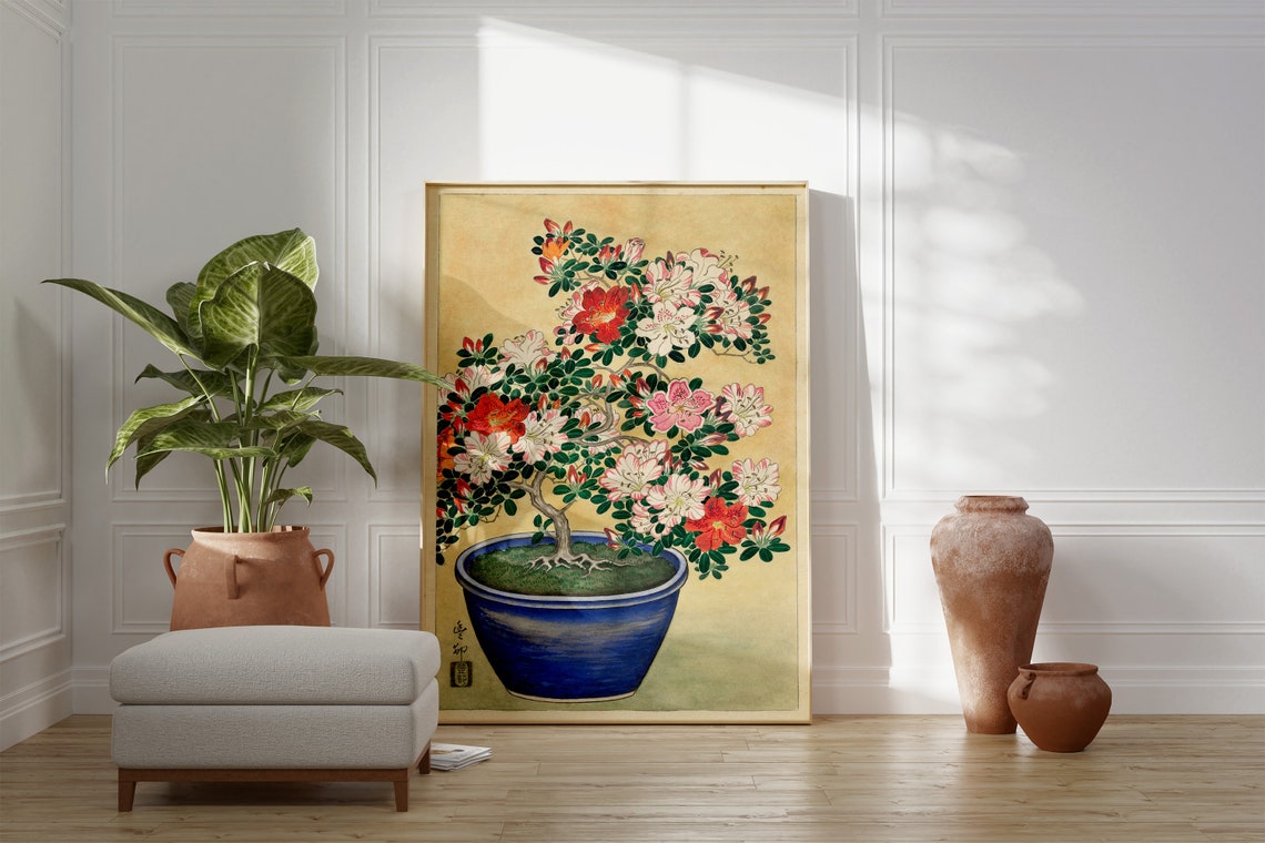 Japanese Flowering Azalea Bonsai Tree Blue Pot Vintage Botanical Print - Image 4