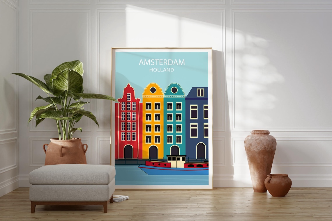 Amsterdam Holland Canal Houses Colourful Gabled Homes Boat Wall Art - Image 3