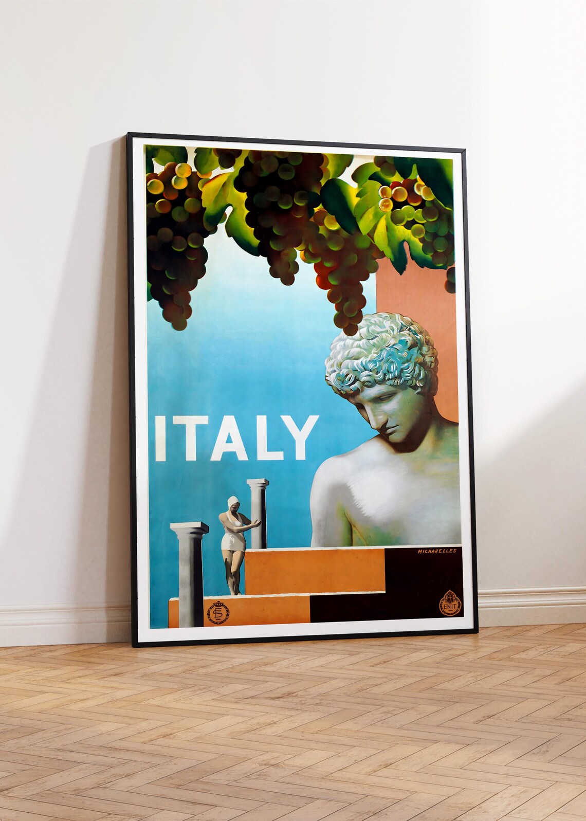 Italy Vintage Travel Poster Classical Marble Statue Vineyard Coastal View - Image 3