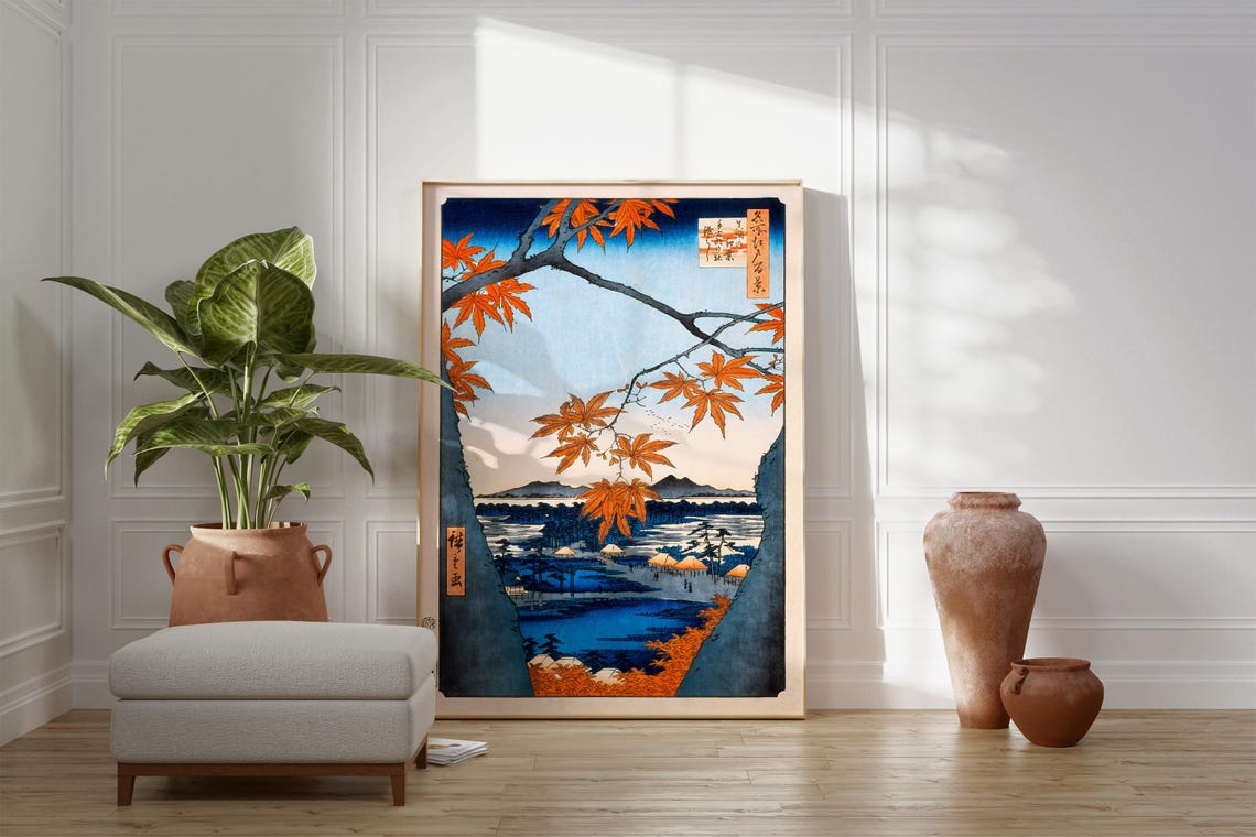 Japanese Maple Tree Autumn Woodblock Lake Landscape Vintage Poster - Image 2