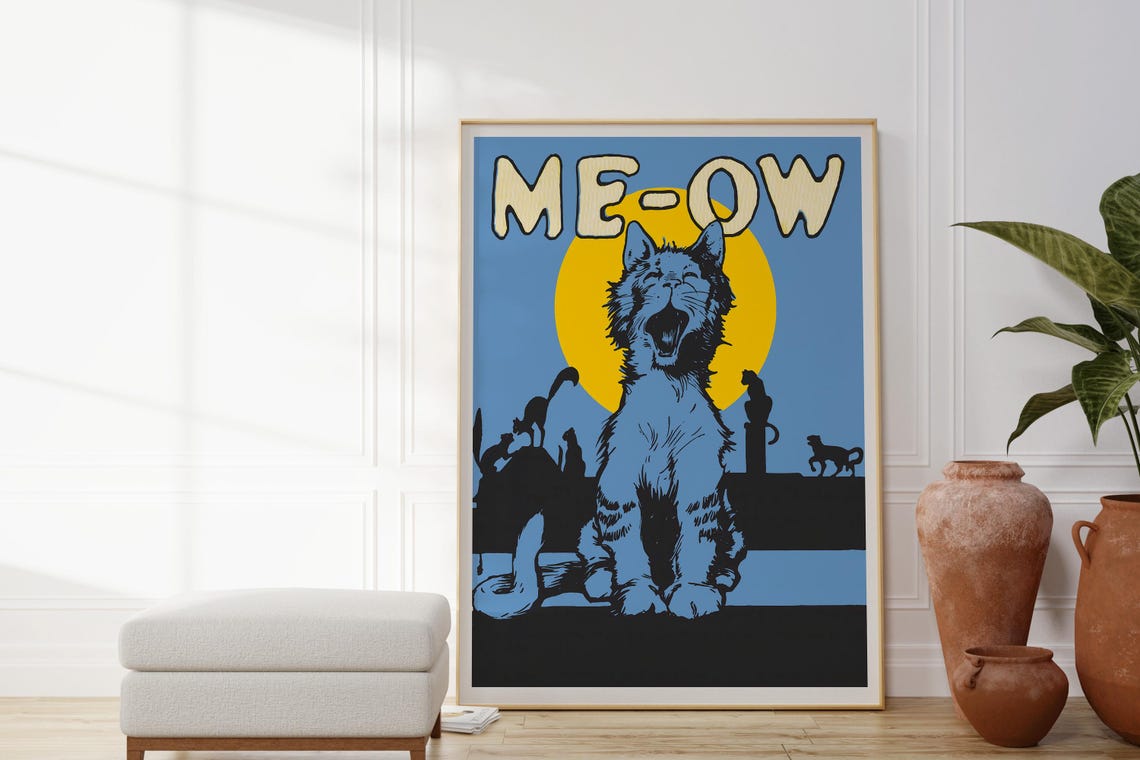 Me Ow Funny Blue Cat Pop Art Kitten Silhouette Humorous Wall Poster - Image 4