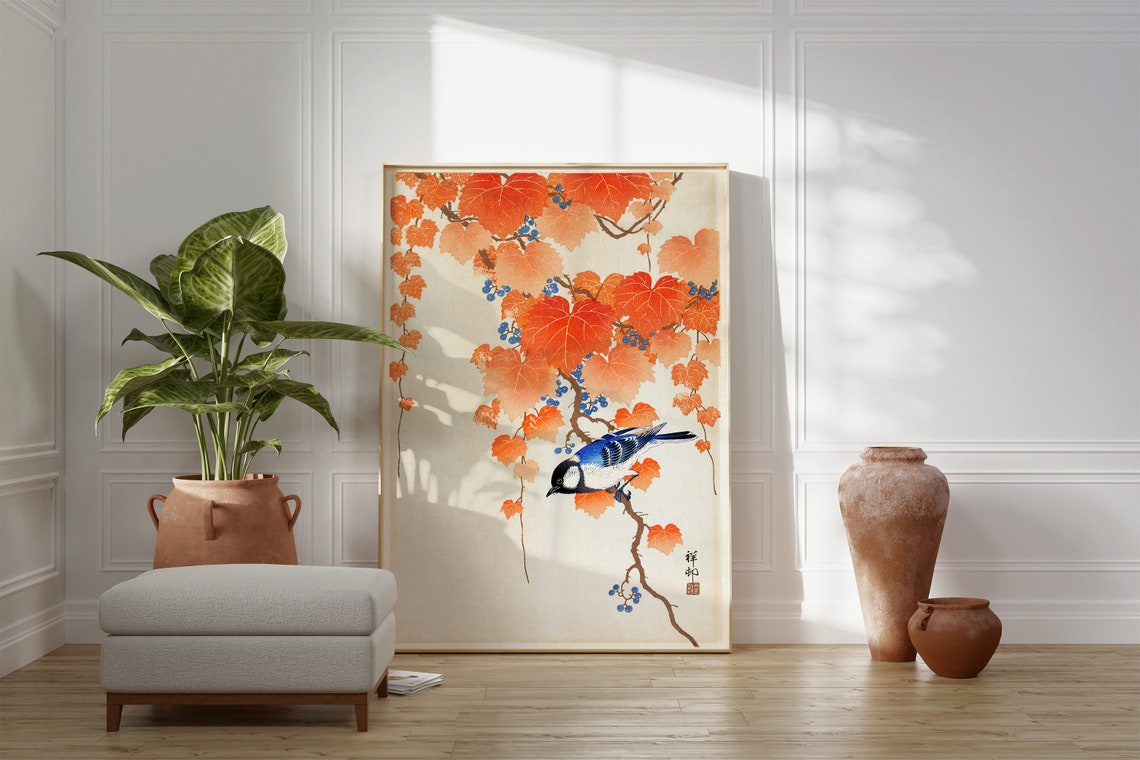 Japanese Songbird Autumn Leaves Blue Bird Vintage Botanical Art Poster - Image 2