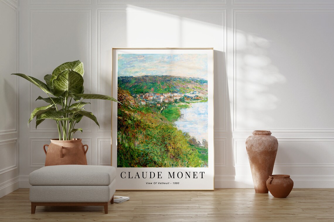 Claude Monet View Of Vetheuil 1880 Seine River Village Green Hills Poster - Image 2