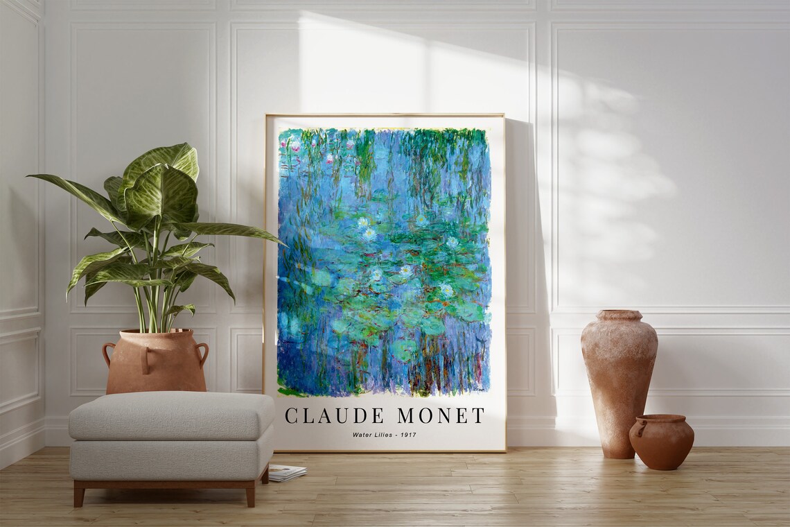 Claude Monet Water Lilies 1917 Weeping Willow Reflections Blue Pond Poster - Image 3