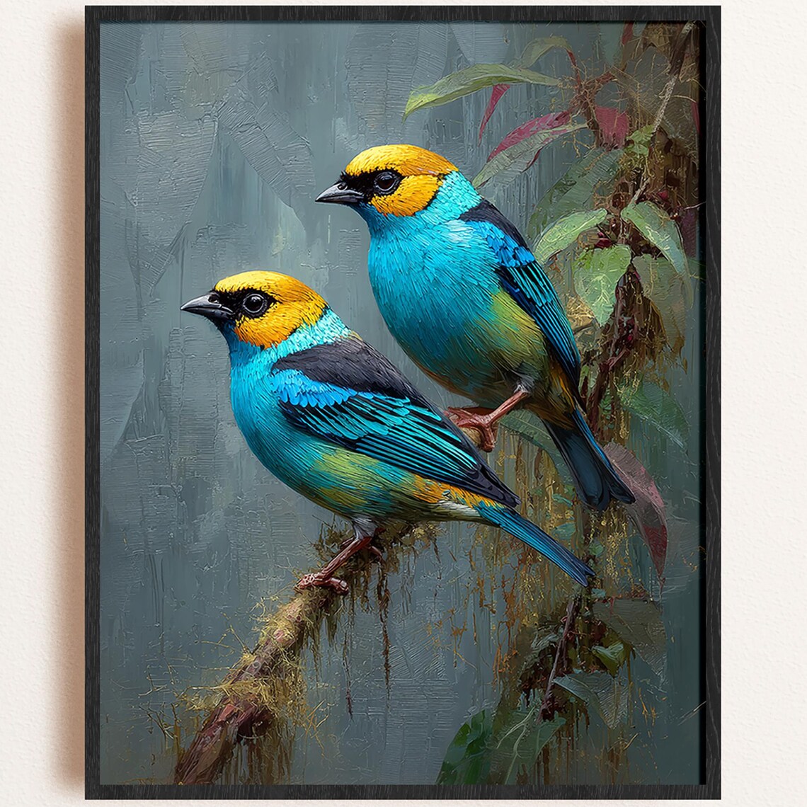 Vibrant Blue Yellow Tropical Songbirds Pair Wildlife Art Poster
