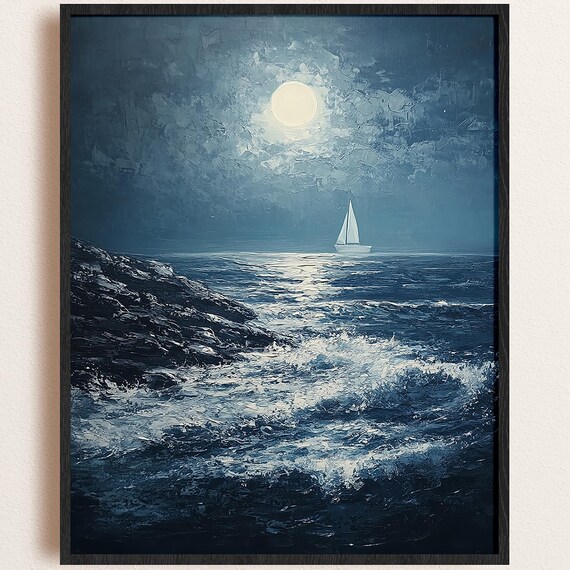 Moonlit Seascape White Sails Moon Ocean Night Oil Painting Poster