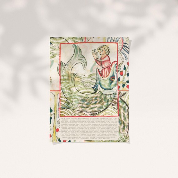 Jonah And The Fish Medieval Manuscript Bible Verse Vintage Wall Art