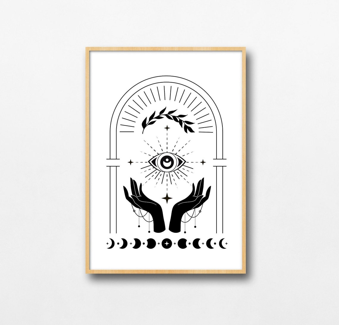 Boho Mystical All Seeing Eye Hands Moon Phases Line Art Poster