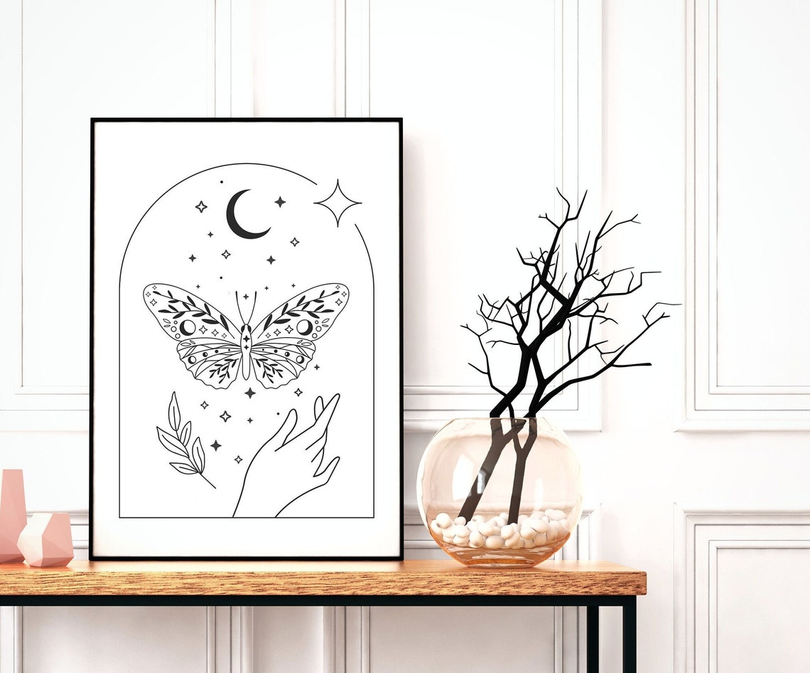 Celestial Butterfly Moon Stars Minimalist Black Line Art Poster - Image 5