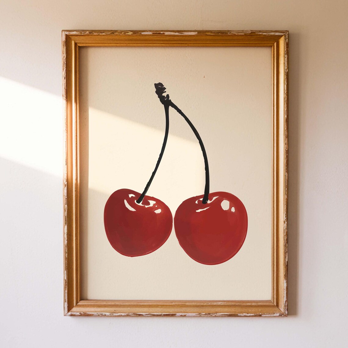 Two Red Cherries Bold Pop Art Fruit Illustration Fun Kitchen Decor Poster