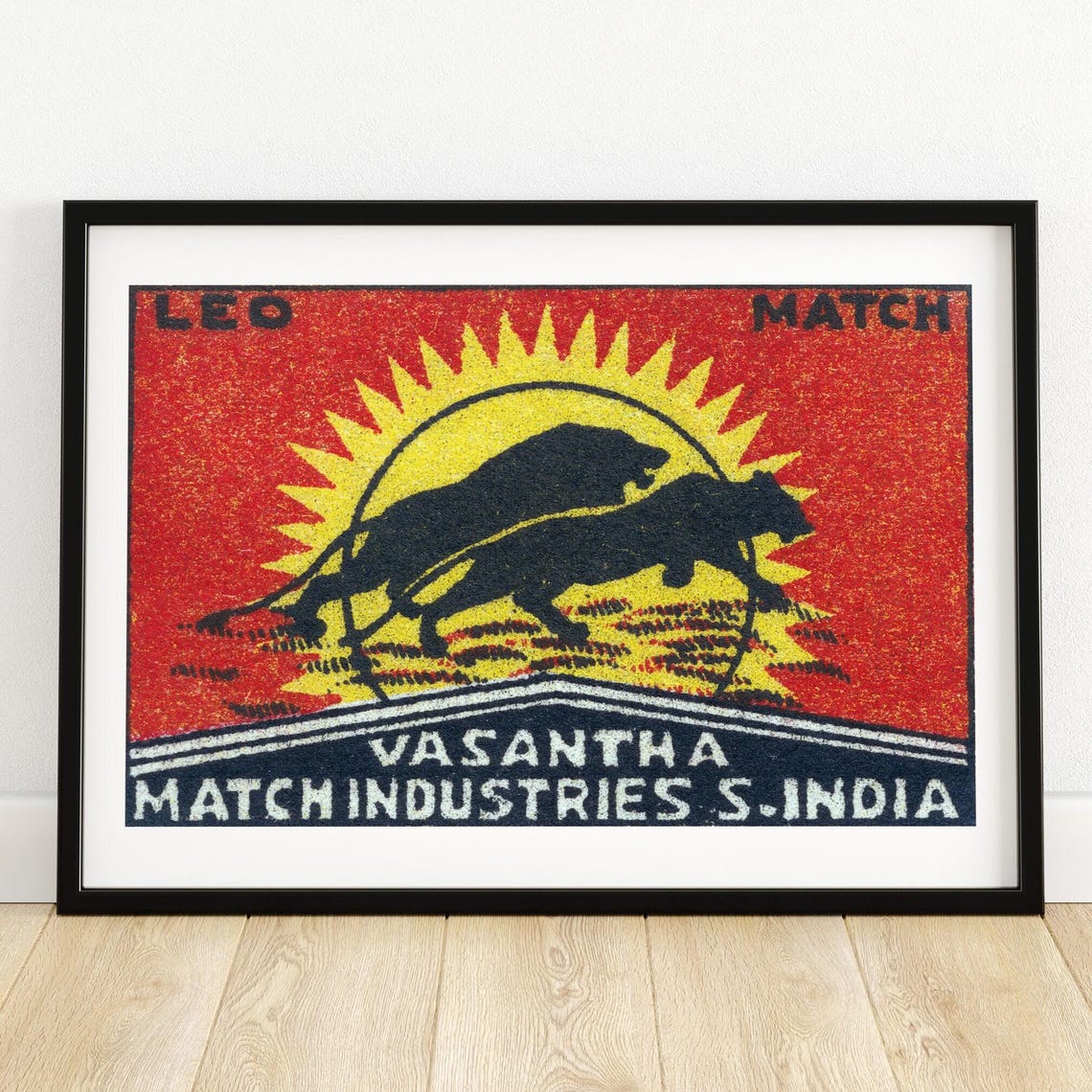 Leo Match Running Lions Sunburst Indian Matchbox Label Art Poster