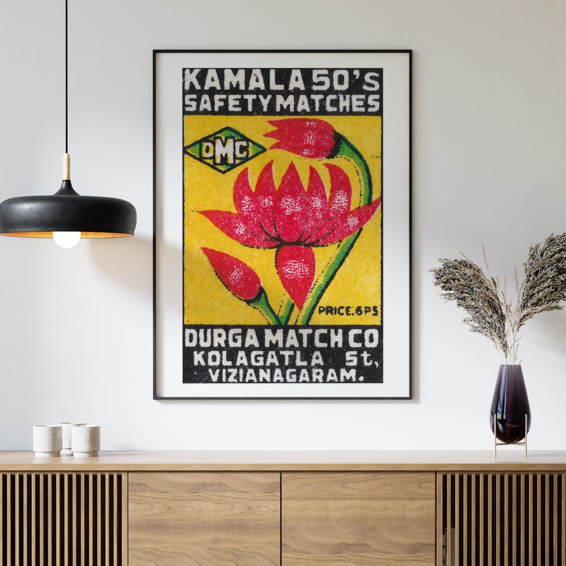 Kamala Safety Matches Red Flower Vintage Indian Matchbox Art Poster - Image 4
