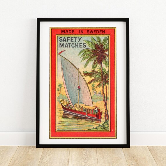Sailboat Safety Matches Art Print Vintage Swedish Label Design Nautical Wall Decor Tropical Palm Illustration Collectible Poster A4