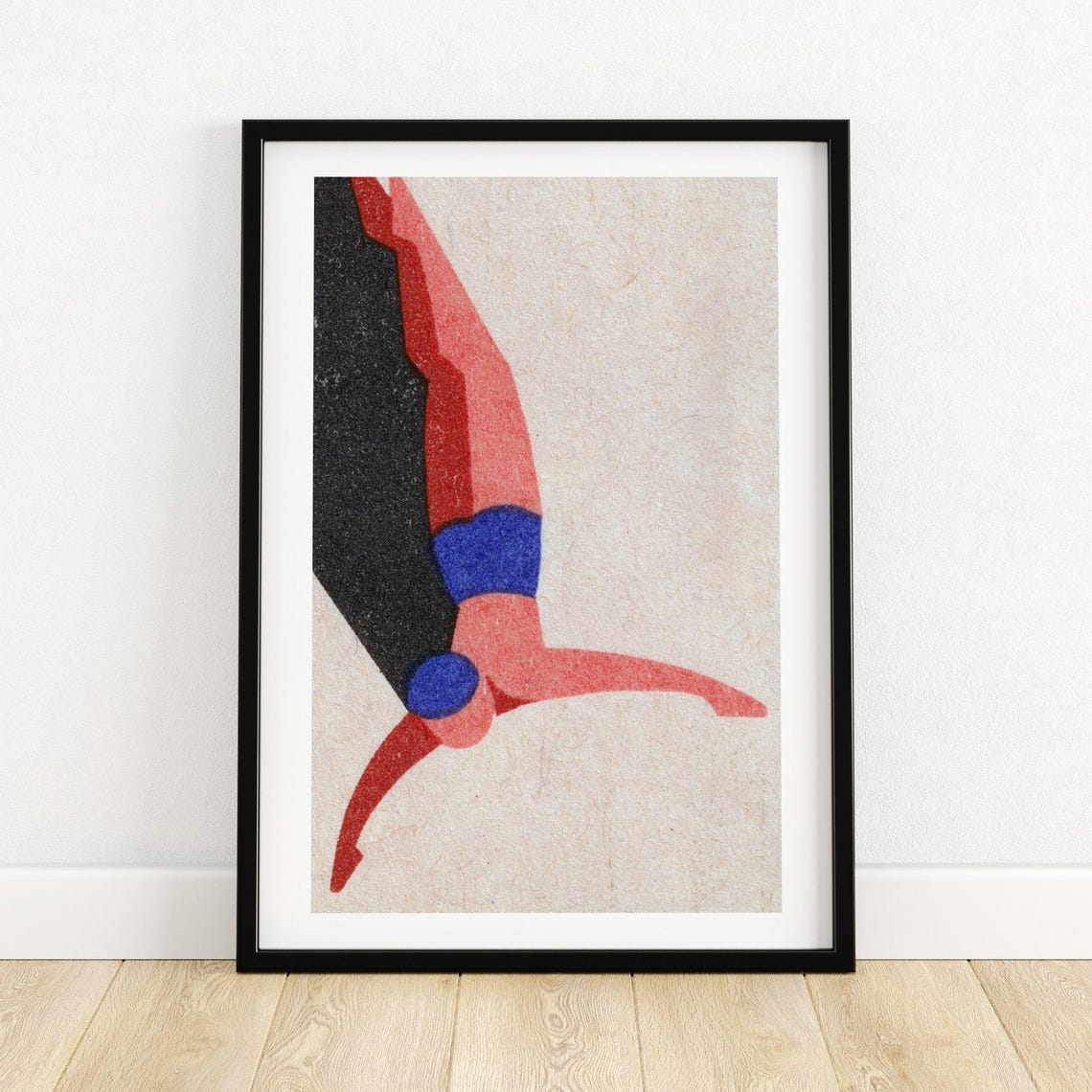 Diving Man Red Figure Black Vintage Matchbox Art Poster Pool