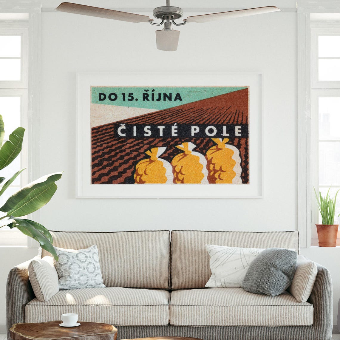 Clean Field Golden Grain Sacks Harvest Vintage Czech Farm Poster - Image 3