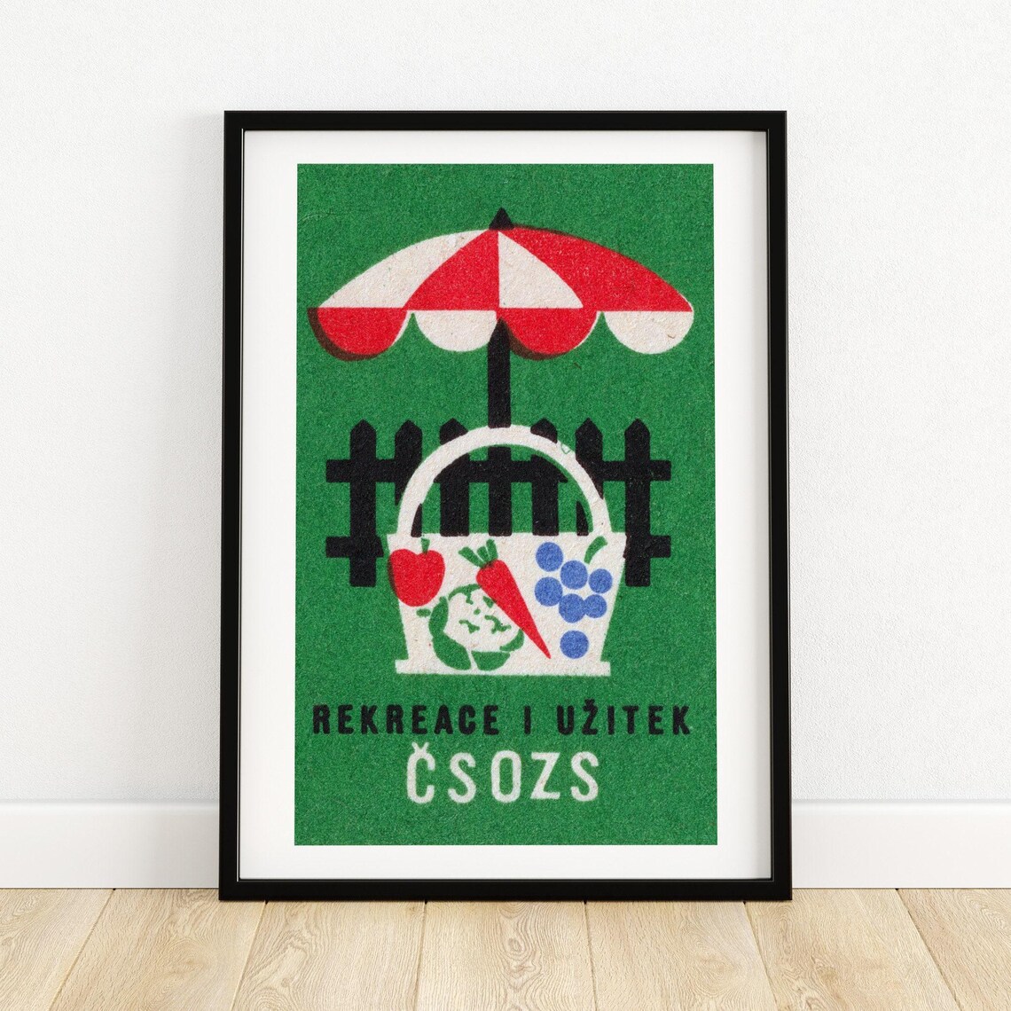 Retro Green Picnic Basket Czech Vintage Matchbox Label Art Poster
