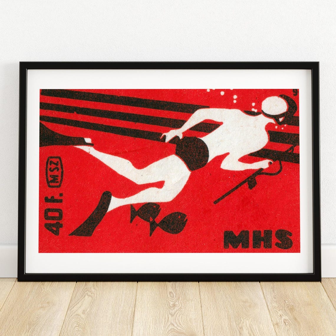 Spearfisher Diver Fish Red Vintage MSZ Matchbox Label Poster
