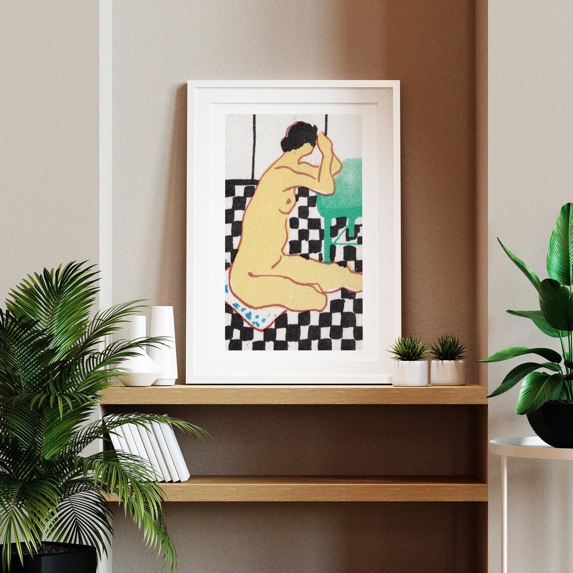 Seated Nude Woman Checkered Floor Vintage Figurative Art Print - Image 2