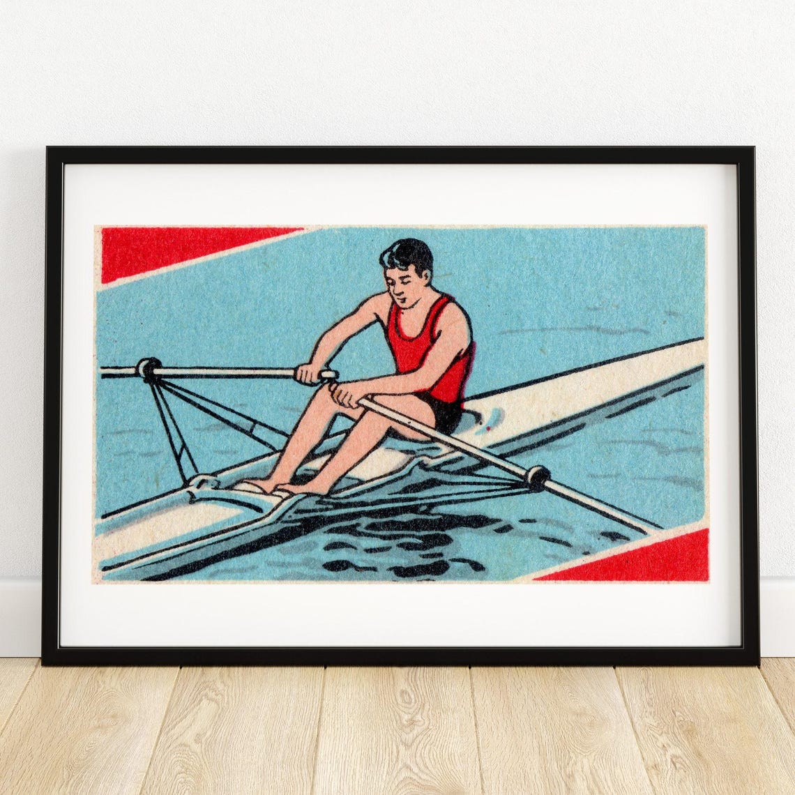 Vintage Rower Single Scull Blue Water Retro Sports Matchbox Poster