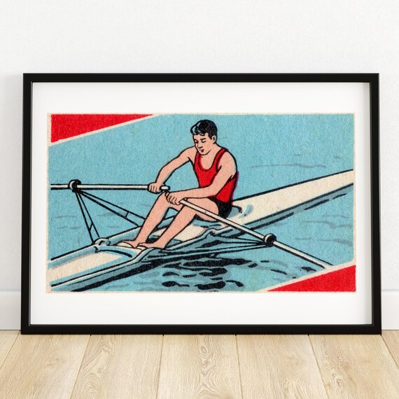 Vintage Rower Single Scull Blue Water Retro Sports Matchbox Poster