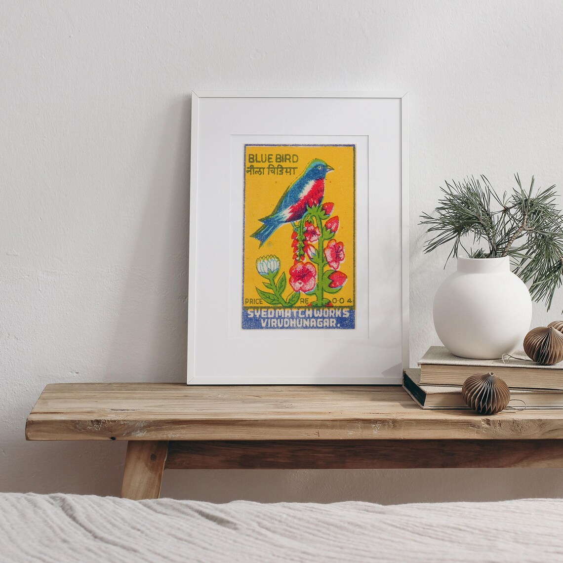 Blue Bird Flower Branch Indian Matchbox Label Vintage Bird Art Poster - Image 3