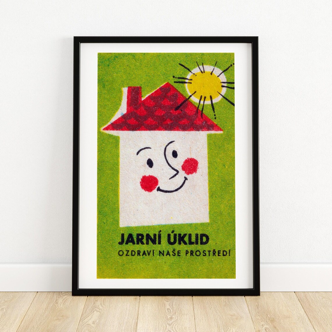 Jarni Uklid Happy House Vintage Czech Spring Cleaning Label Poster