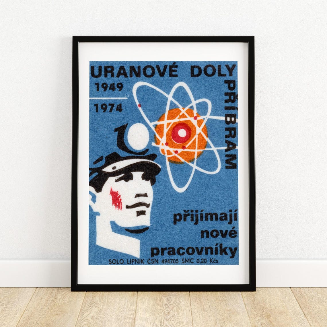 Uranové Doly Příbram 1949 1974 Miner Atom Hiring Matchbox Label Poster