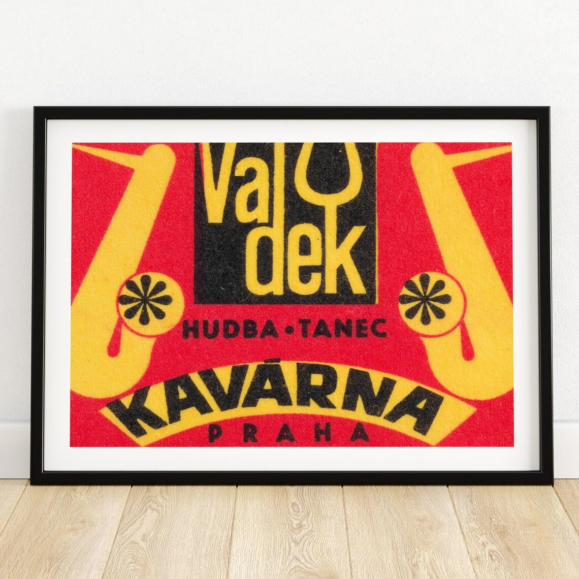 Valdek Kavarna Praha Hudba Tanec Saxophone Vintage Czech Cafe Matchbox Poster