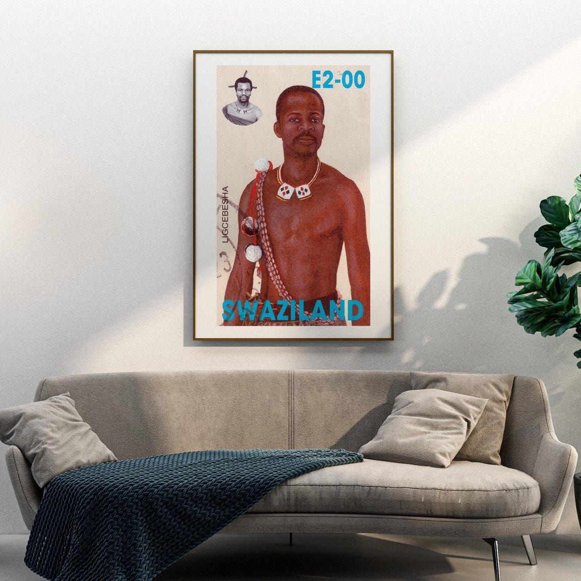 Swaziland Ligcebesha Beaded Man Vintage African Stamp Poster - Image 3