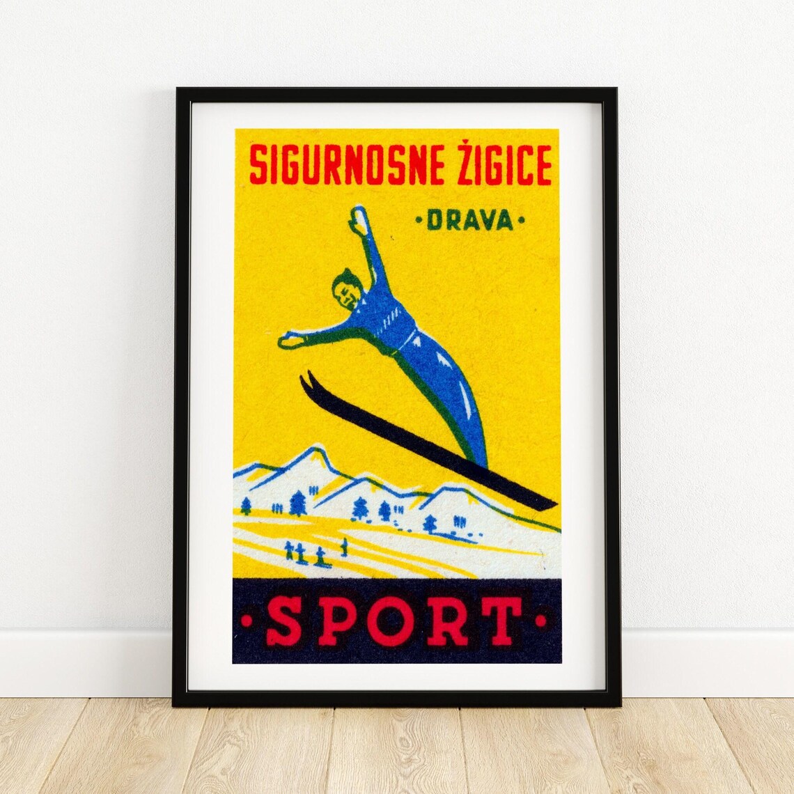 Drava Sport Ski Jumper Yellow Vintage Matchbox Winter Sports Poster