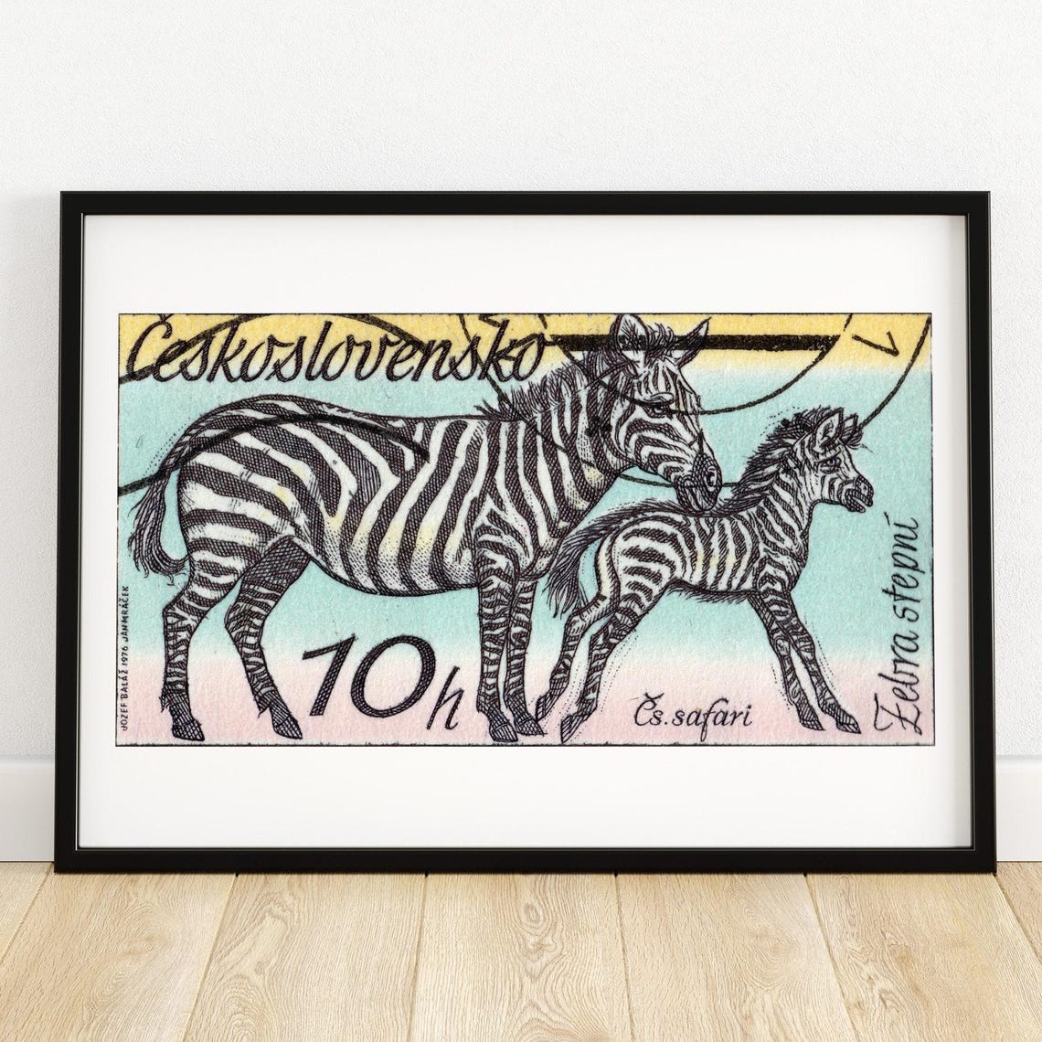 Czechoslovakia Zebra Stepni Safari Mother Foal Stamp Art Poster