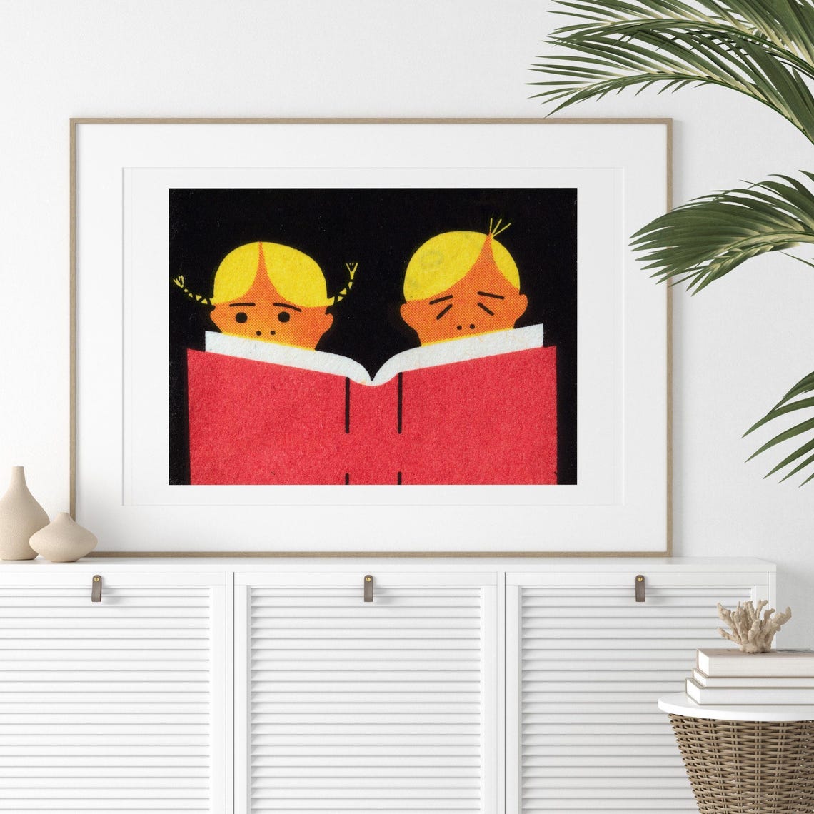 Two Children Reading Big Red Book Vintage Matchbox Art Poster - Image 2