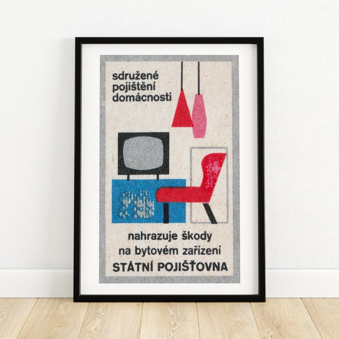 Czech State Insurance Mid Century Furniture TV Chair Vintage Ad Poster