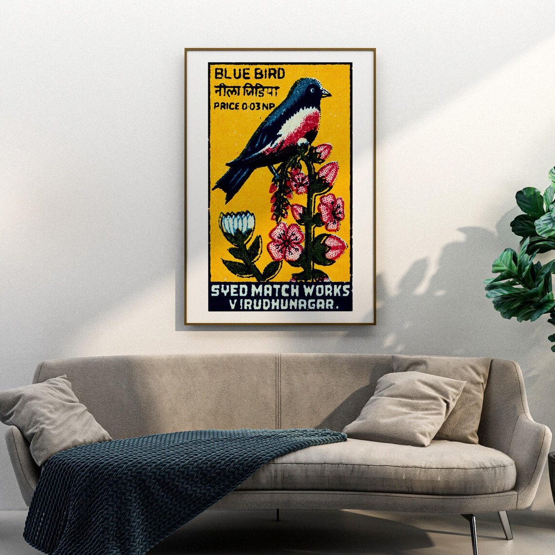 Blue Bird Matchbox Vintage India Art Poster - Image 3
